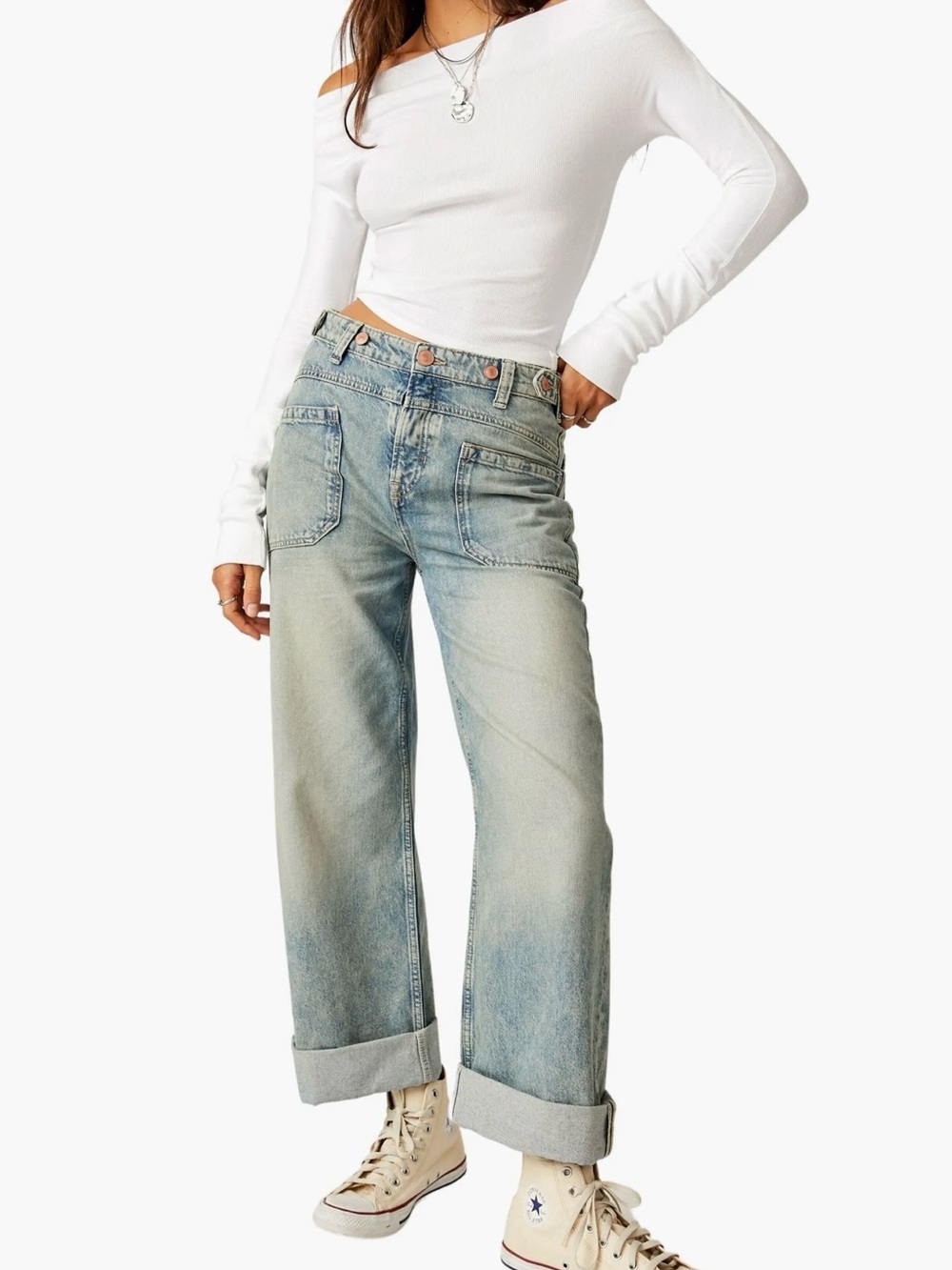 Free People Palmer Wide Leg Baggy Patch Pocket Jeans Light Wash 28